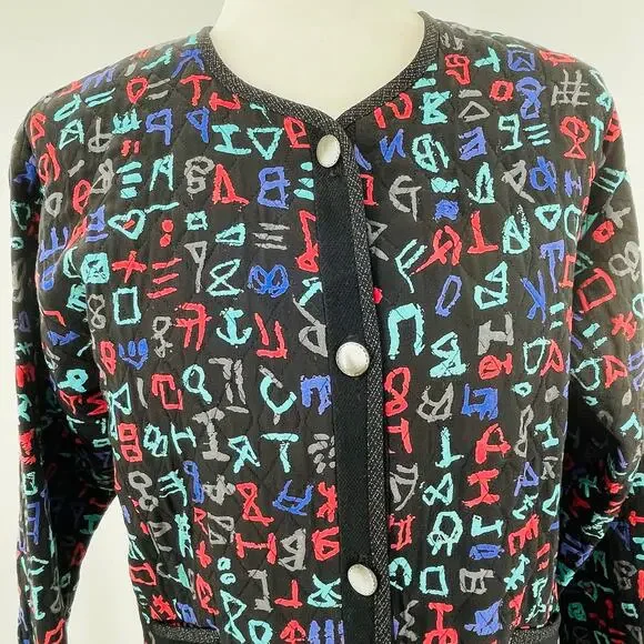 Bets by Canvasbacks Vintage 90s Black Colorful Print Quilted Button Jacket S - Picture 5 of 15